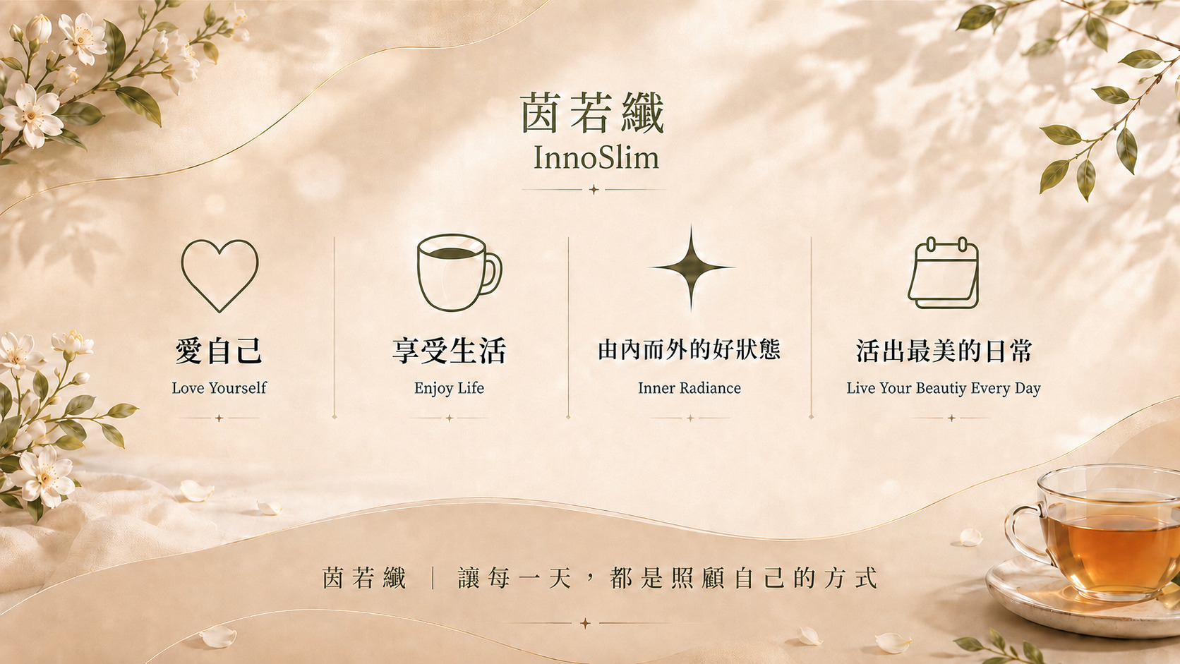 茵若纖 InnoSlim 品牌標語橫幅，傳達愛自己、享受生活與由內而外的好狀態