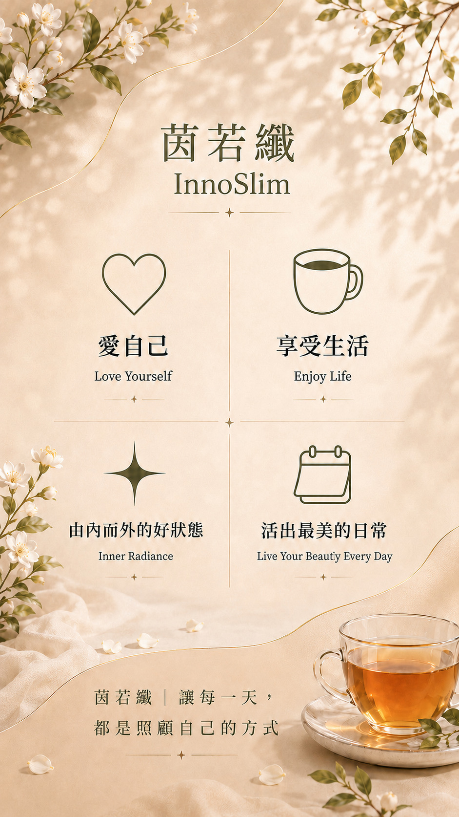 茵若纖 InnoSlim 品牌標語橫幅，傳達愛自己、享受生活與由內而外的好狀態